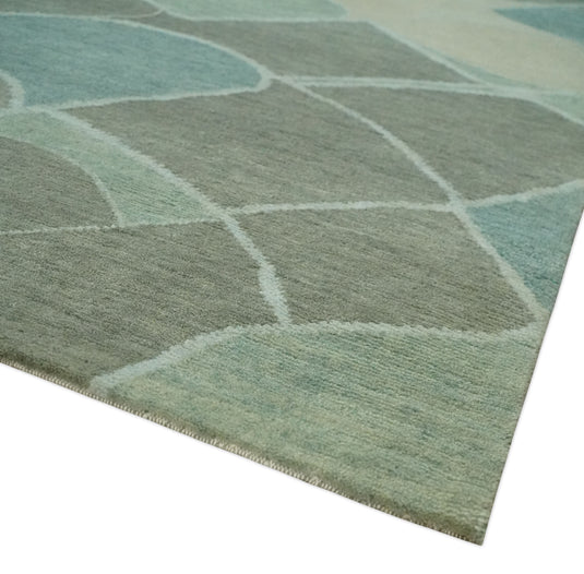 Contemporary Geometrical Pattern Hand knotted Charcoal, Green, Ivory and Blue 5x8 ft Bedroom, Living Room Rug Wool Area Rug