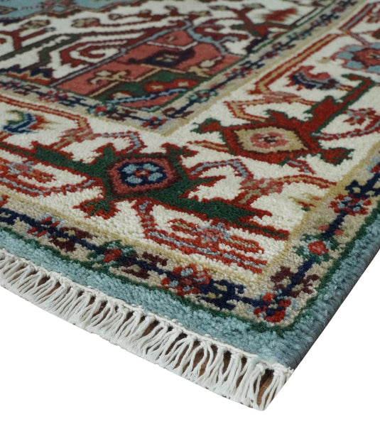 Hand Knotted Heriz Serapi Rug Aqua Blue, Ivory and Rust 5x8, 4x6, 3x5 ft Ideal for Living, Bedroom, and Dining Rooms | CP1880S