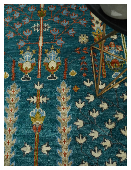 Teal and Ivory, Tree of Life Vintage Hand Knotted, Antique Turkish 5x8, 6x9, 8x10, 9x12, 10x14, 12x15 Wool Rug, Living Room | CP697S