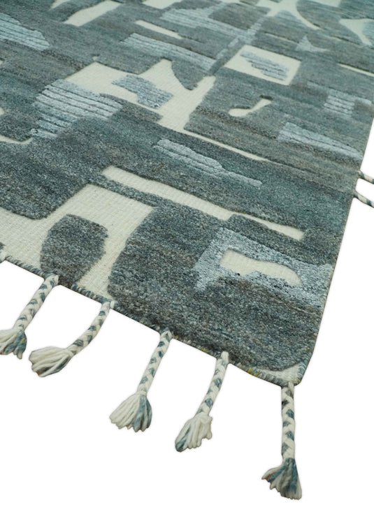 Modern Abstract Patten Ivory, Charcoal And Gray Hand Knotted 5x8 ft Bedroom, Living Room Rug Wool Area Rug