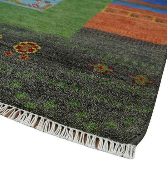 Green, Rust and Multicolored Hand knotted 8x10 Tribal Gabbeh Traditional Wool Area Rug