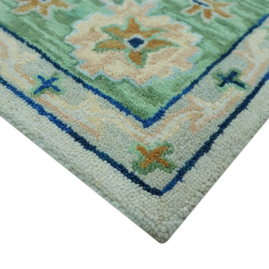 Custom Made Ivory, Green And Blue Floral Motifs Hand Tufted Wool Area Rug