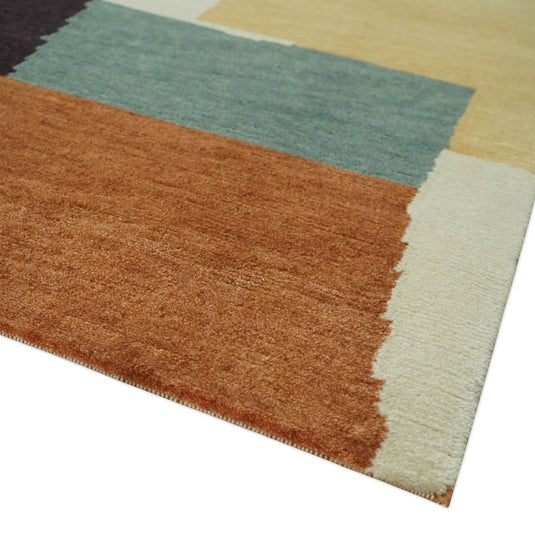 Modern Geometrical Pattern Hand Knotted Brown and Charcoal 5x6 ft Bedroom, Living Room Rug Wool Area Rug