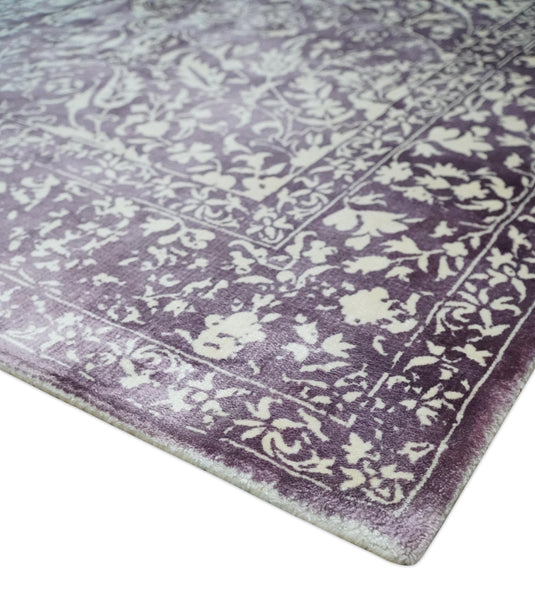 Traditional Floral Purple And Ivory Handloom 5.6x8 ft Bedroom, Living Room Rug Wool And Viscose Area Rug