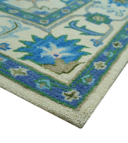 Custom Made Beige And Blue Traditional Floral Motifs Hand Tufted Wool Area Rug