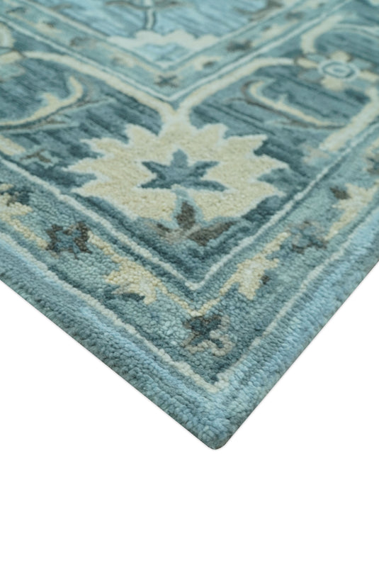 Custom Made Traditional Floral Aqua, Gray and Beige Hand Tufted Wool Area Rug