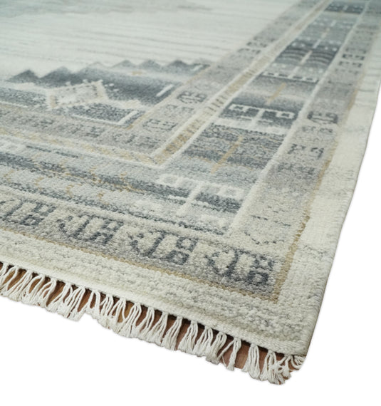 Traditional Ivory, Charcoal and Gray Hand knotted 8x10 ft wool Area Rug