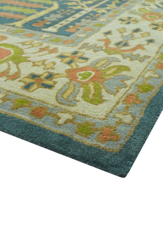 Custom Made Traditional Tree of Life Teal And Beige Hand Tufted Wool Area Rug