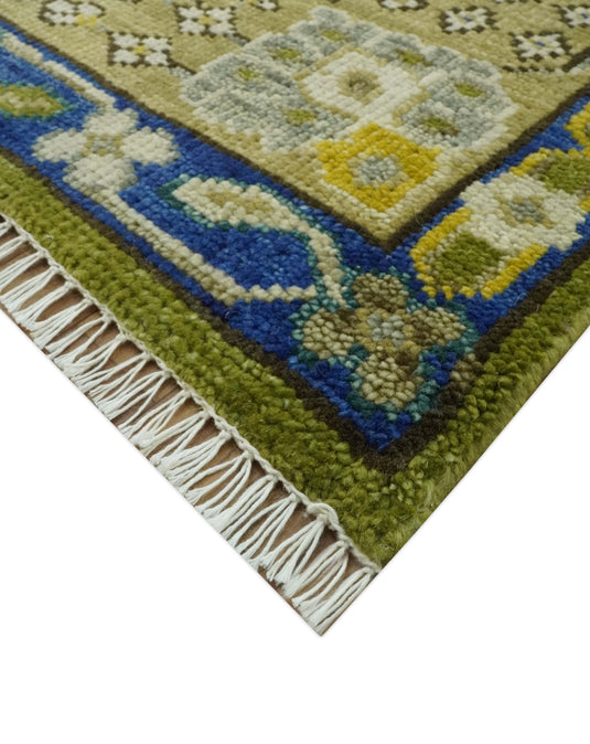 Green And Blue Hand Knotted Traditional Floral Wool Rug 8x10 And 4x6 ft Ideal for Living, Bedroom And Dining Rooms