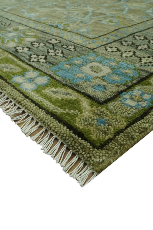 Custom Made Hand Knotted Green, Grey And Blue Traditional Floral Wool Area Rug