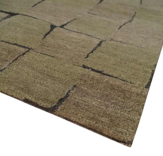 Modern geometrical Hand Knotted Brown, Olive and Charcoal 5x8 ft Bedroom, Living Room Rug Wool and Art Silk Area Rug