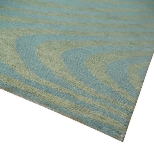 Modern geometrical Hand Knotted Olive and Blue 5x8 ft Bedroom, Living Room Rug Wool Area Rug