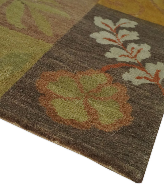 Floral Geometrical Hand Knotted Olive, Ivory, Brown and Teal 5x8 ft Bedroom, Living Room Rug Wool Area Rug