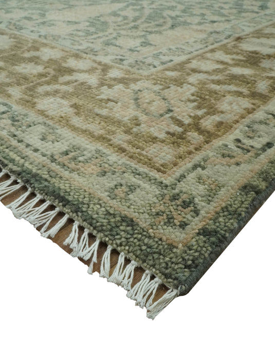 Antique Traditional Hand Knotted Green, Brown And Beige Wool Rug 8x10 ft Ideal for Living, Bedroom And Dining Rooms