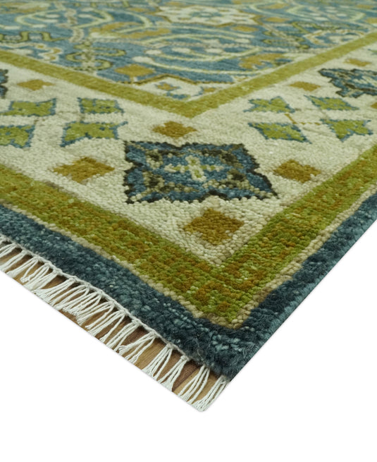 Traditional Motifs Blue And Olive Hand Knotted Wool Rug 8x10 ft Ideal for Living, Bedroom And Dining Rooms