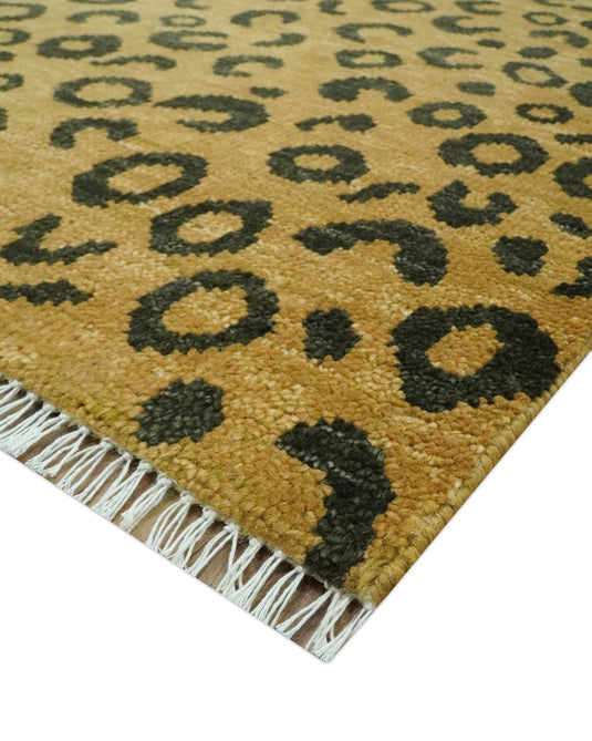 Golden-Brown And Charcoal Modern Leopard Hand Knotted Wool Rug 8x10 ft Ideal for Living, Bedroom And Dining Rooms