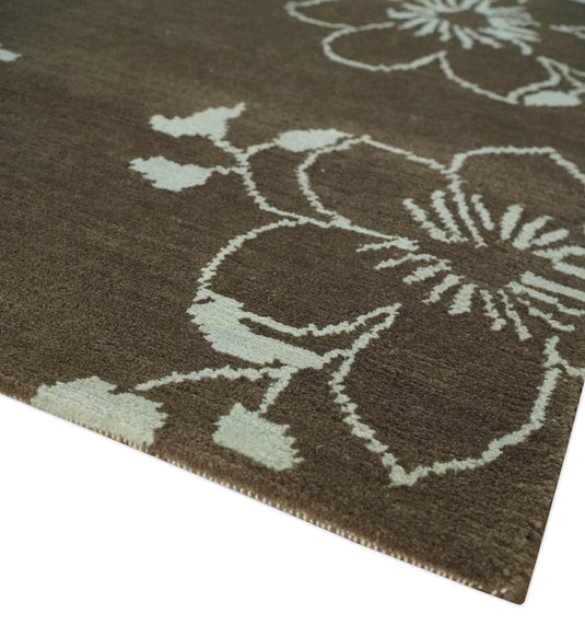 Floral Handloom Brown and Ivory 5.9x7.8 ft Bedroom, Living Room Rug Wool Area Rug
