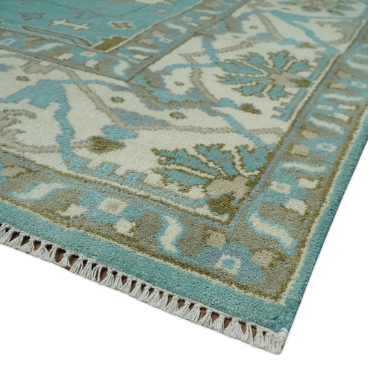8x10 Aqua, Ivory and Charcoal Hand Knotted Oriental Oushak Wool Area Rug