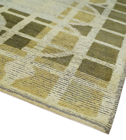 Modern Geometrical Floral Hand Knotted Olive and Ivory 4x6 ft Bedroom, Living Room Rug Wool and Art Silk Area Rug