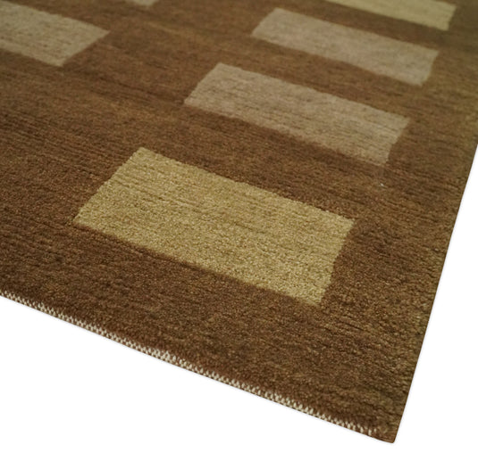 Modern Geometrical Pattern Hand Knotted Brown, Beige and Ivory 4x6 ft Bedroom, Living Room Rug Wool and Art Silk Area Rug