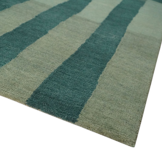 Modern Geometrical Pattern Hand Knotted Teal, Gray and Ivory 5x8 ft Bedroom, Living Room Rug Wool Area Rug