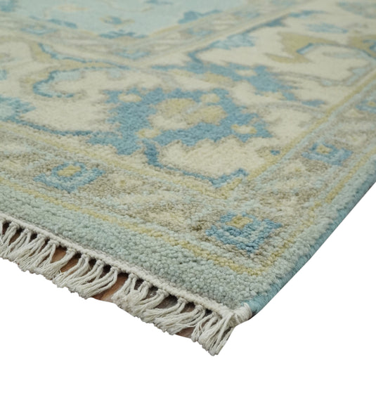 Custom Made Hand Knotted Traditional Pattern Blue And Beige Wool Area Rug