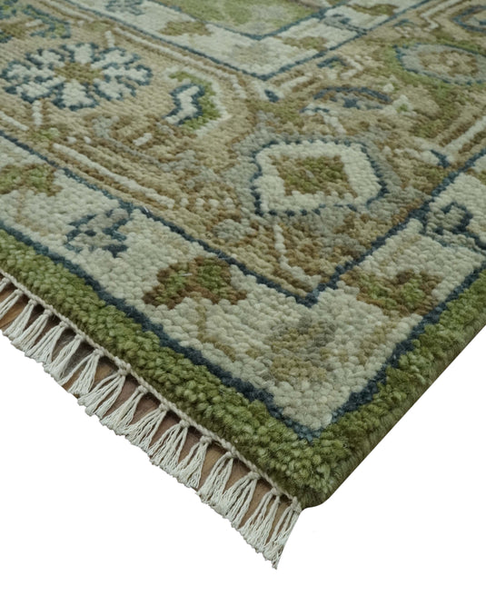 Custom Made Traditional Hand Knotted Green, Silver And Charcoal Wool Area Rug