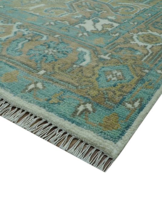 Custom Made Traditional Heriz Beige, Blue And Ivory Hand Knotted Wool Rug Wool Area Rug