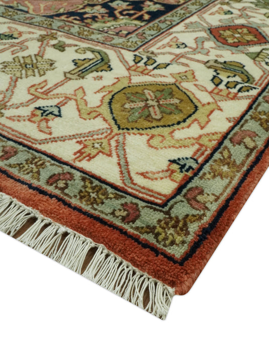 Hand Knotted Traditional Herati Green, Peach, Black, Ivory And Rust Wool Rug 8x10 ft Ideal for Living, Bedroom And Dining Rooms | CP2448810