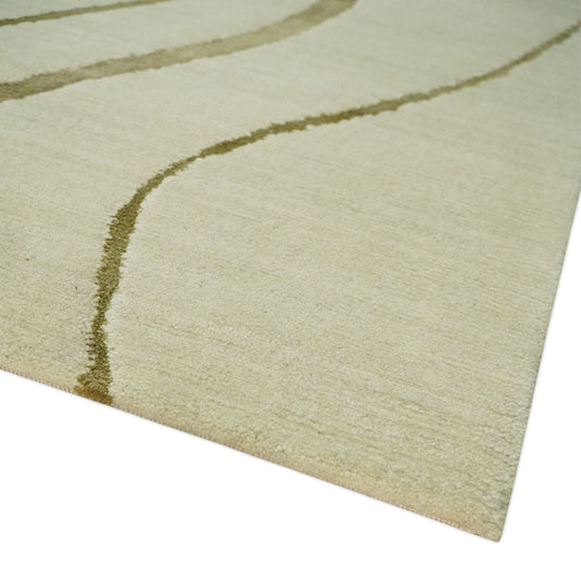 Swirl Pattern Hand Knotted Beige and Olive 5x8 ft Bedroom, Living Room Rug Wool and Art Silk Area Rug