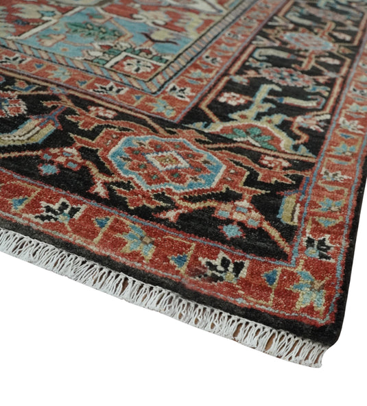 Vintage look Rust, Ivory and Black Hand knotted 8x10 Traditional Heriz wool Area Rug