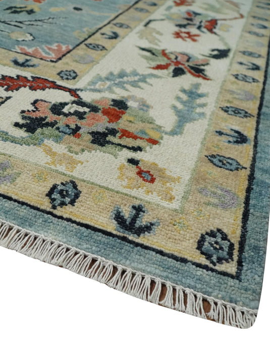 Vibrant Colorful Blue and Ivory Traditional Floral Hand knotted 9x12 Oushak wool Rug