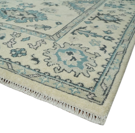 Traditional 8x10 Beige and Blue Hand Knotted Oriental Oushak Wool Area Rug