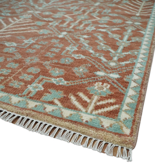Turkish Floral Rust and Aqua Hand knotted 8x10 wool Area Rug