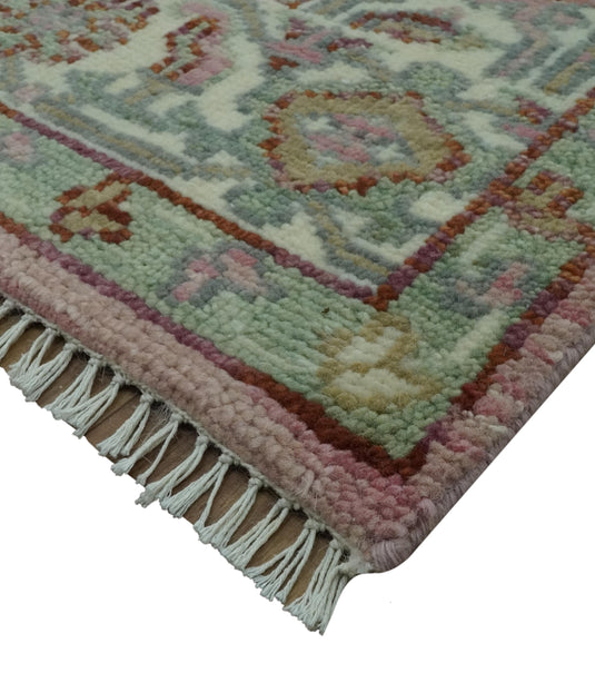 Custom Made Traditional Heriz Pink, Olive And Ivory Hand Knotted Wool Area Rug