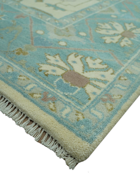 Custom Made Traditional Oushak Ivory, Aqua, And Gray Hand Knotted Wool Area Rug