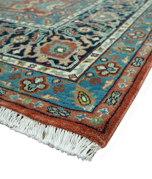 Hand Knotted Traditional Floral Rust, Blue, Black, Olive And Gold Wool Rug 8x10 ft Ideal for Living, Bedroom And Dining Rooms | CP2433810