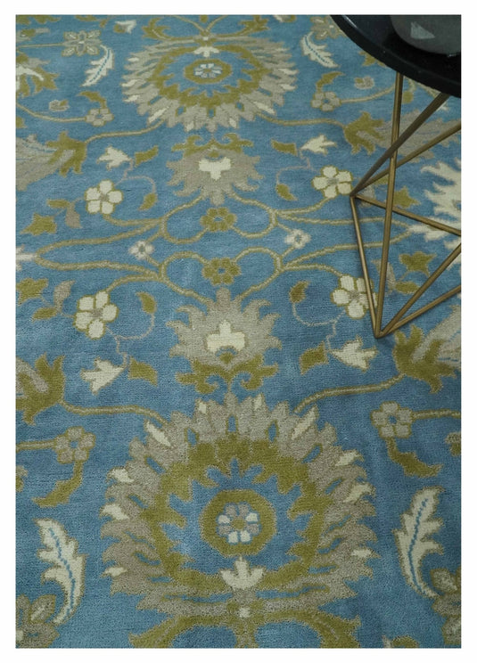 Traditional Persian Oushak Hand knotted Blue, Ivory and Olive 8x10 wool Area Rug