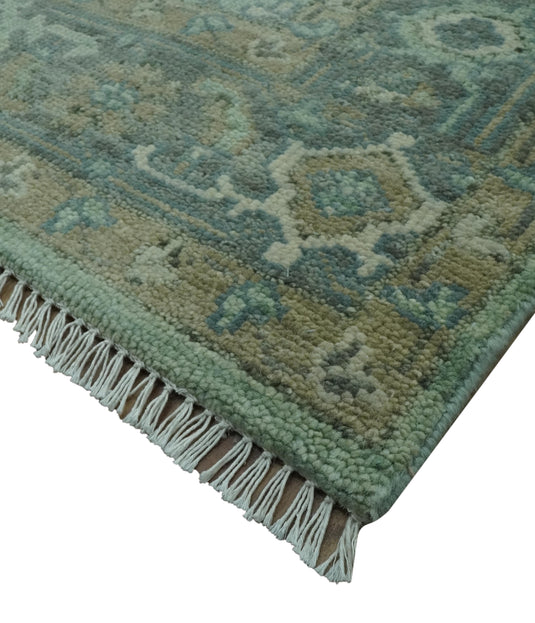 Custom Made Traditional Heriz Green, Silver And Taupe Antique Style Hand Knotted Wool Area Rug
