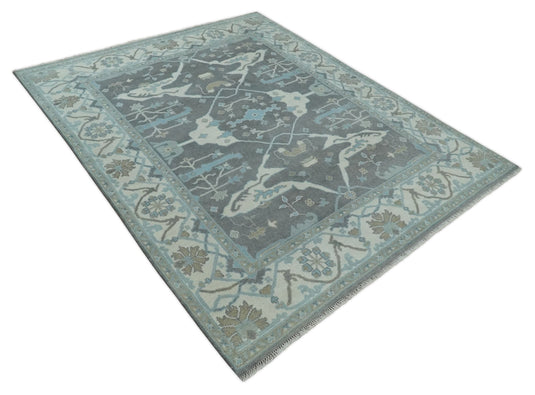 Traditional Persian Oriental Oushak Hand knotted Charcoal, Ivory and aqua 8x10 wool Area Rug