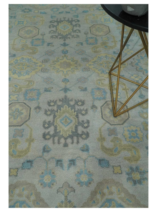 Traditional Persian Floral Oushak Hand knotted Ivory, Blue and Beige 8x10 wool Area Rug