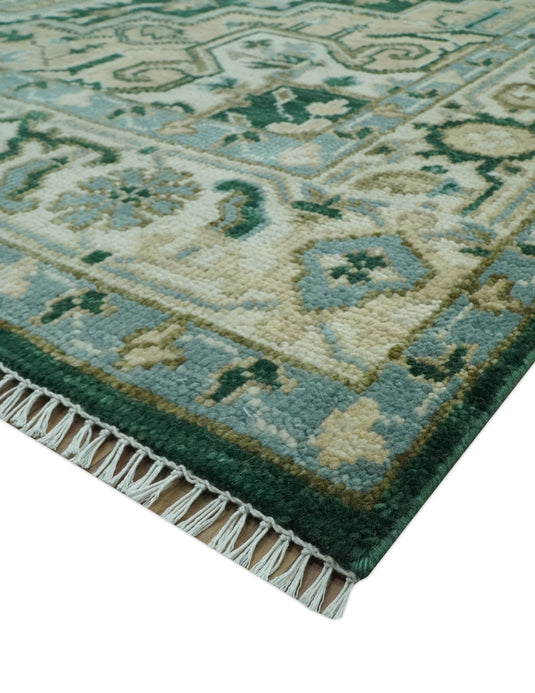 Green, Beige And Ivory Traditional Heriz Hand Knotted Wool Rug 8x10 ft Ideal for Living, Bedroom And Dining Rooms