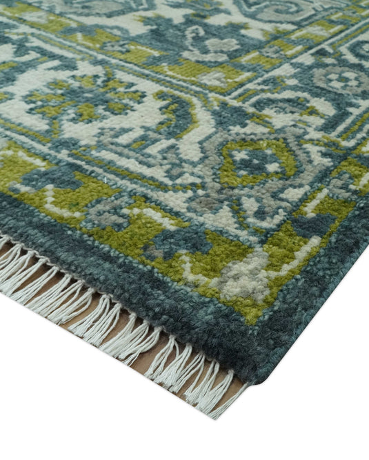 Custom Made Antique Style Traditional Heriz Green and Gray Hand Knotted Wool Area Rug