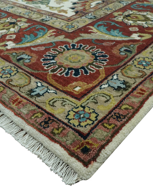 Antique Ivory, Brown, Olive And Blue Traditional Floral Hand Knotted Wool Rug 9x12 ft Ideal for Living, Bedroom And Dining Rooms | CP1788912
