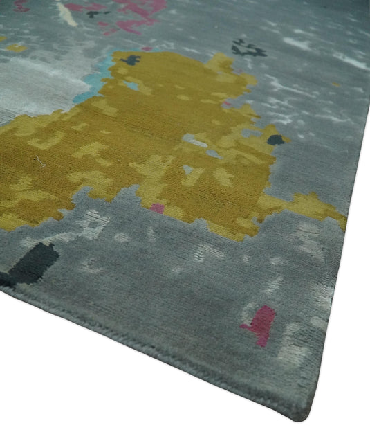 Colorful Abstract Gray, Olive, Ivory and Pink Hand Knotted 10x14 and 12x15 ft Bedroom, Living Room Rug Wool Area Rug