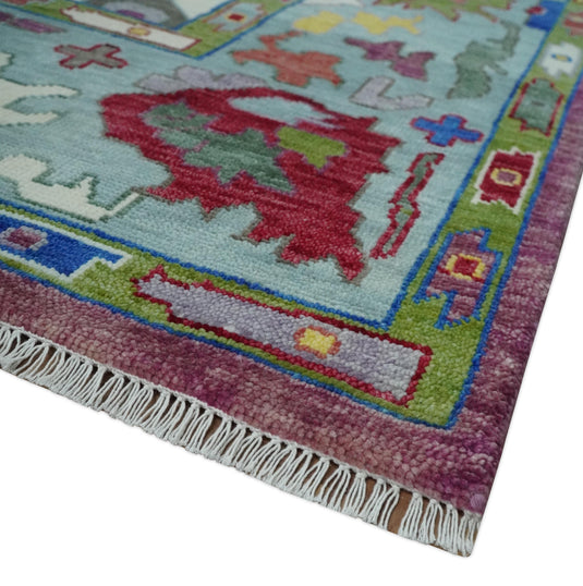Hand Knotted Vibrant Colorful Oriental Oushak Rug Green and Purple 9x12 ft Ideal for Living, Bedroom, and Dining Room