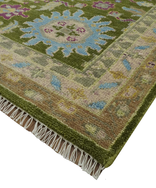 Custom Made Hand Knotted Green, Blue And Purple Herati Wool Area Rug