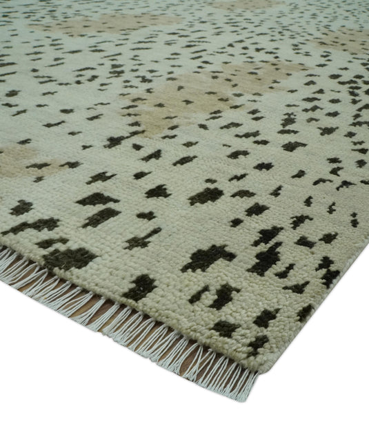 Leopard Print Ivory, Olive And Charcoal Hand Knotted 8x10 ft Wool Rug Ideal for Living, Bedroom And Dining Rooms
