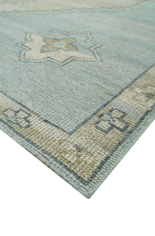 Custom Made Blue and Beige Traditional Turkish Design Hand Knotted Wool Area Rug