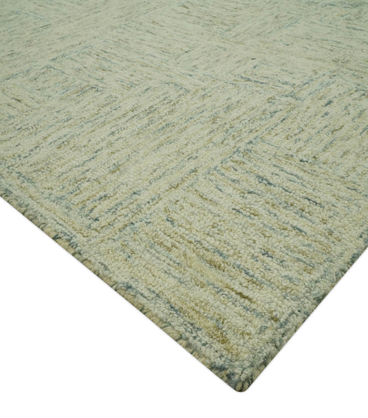 Hand Tufted Interlocking Squares Gray, Ivory And Olive Wool Rug 5x7.6 ft Ideal for Living, Bedroom And Dining Rooms